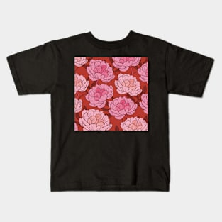 The pink peonies in a lovely pattern on a red background Kids T-Shirt